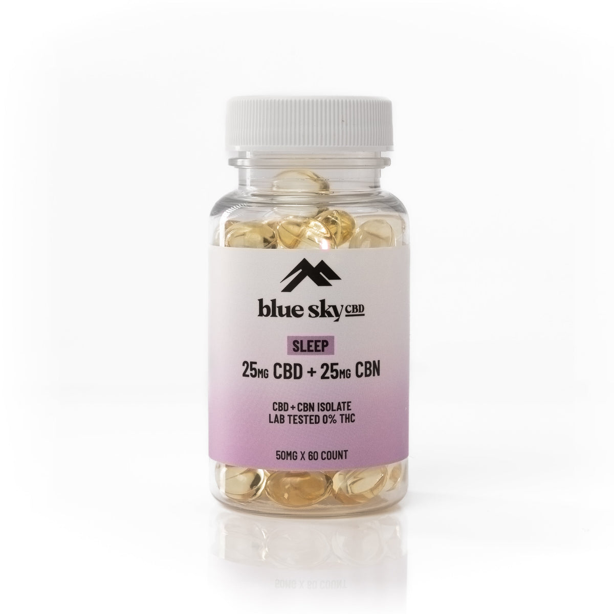 Bottle of Blue Sky CBD sleep supplement with a white cap on a white background